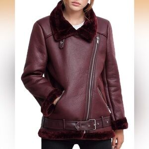 Women's Burgundy Shearling leather moto jacket